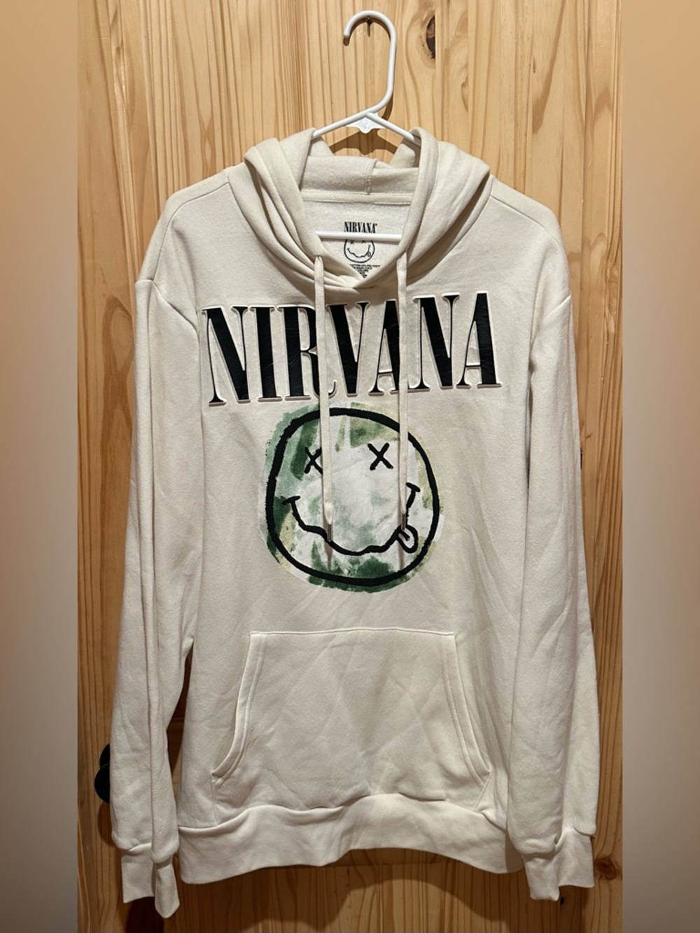 NIRVANA Cream Hoodie with Green Smile Graphic & Embossed Lettering XL